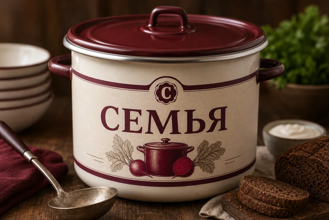 Большая кастрюля борща с этикеткой Семья