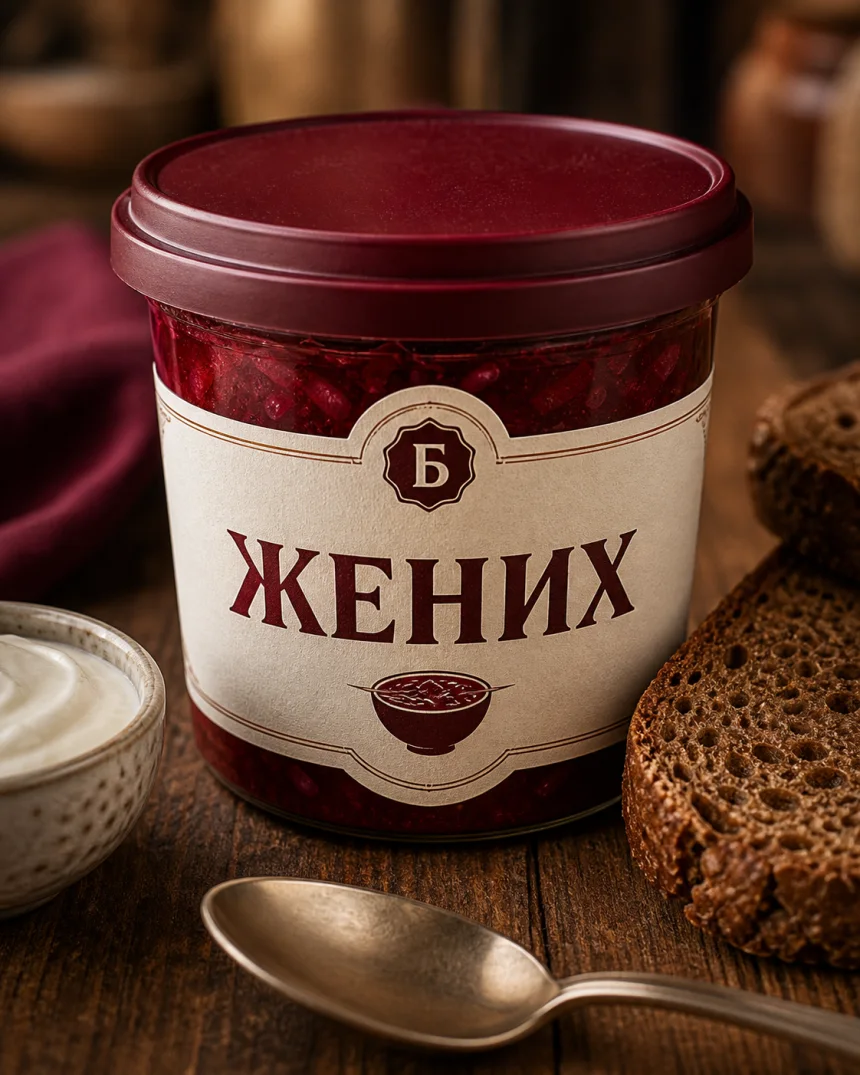 Домашняя упаковка борща с этикеткой Жених