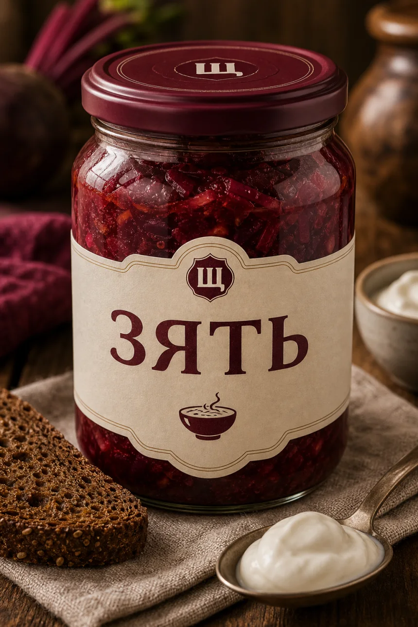 Стеклянная банка борща с этикеткой Зять